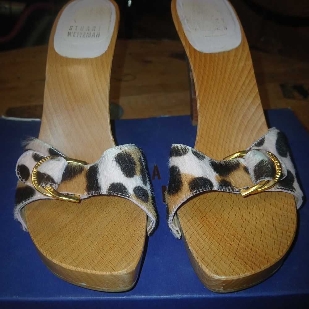 Stuart Weitzman Leopard Print Platform Sandals with Gold Detail